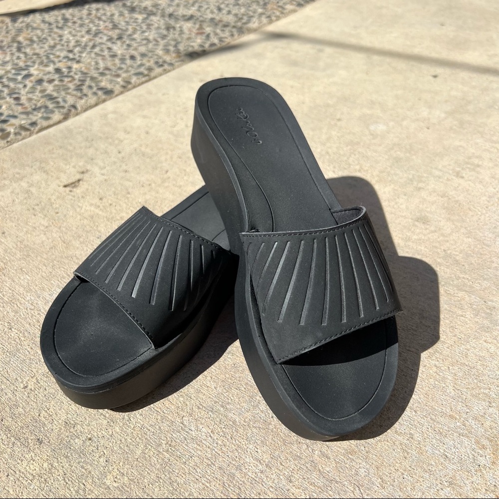 Olukai black slip on sandals wedge heel black size 9